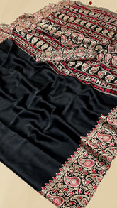 Charcoal Black Mango Floral Ajrakh Gajji Silk Saree